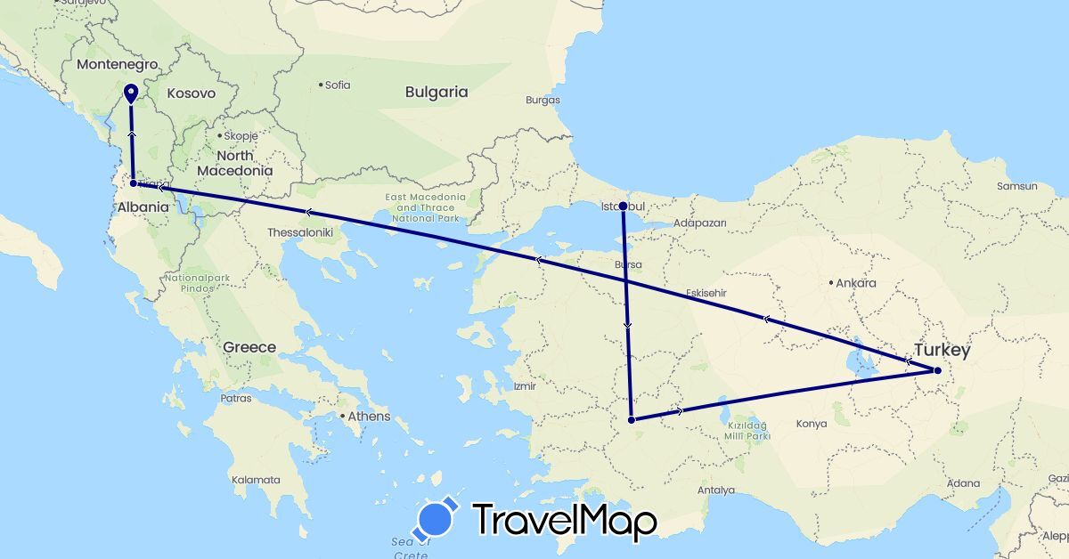 TravelMap itinerary: driving in Albania, Turkey (Asia, Europe)